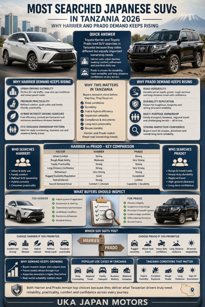Most Searched Japanese SUVs in Tanzania 2026 – Why Toyota Harrier and Toyota Land Cruiser Prado Demand Keeps Rising