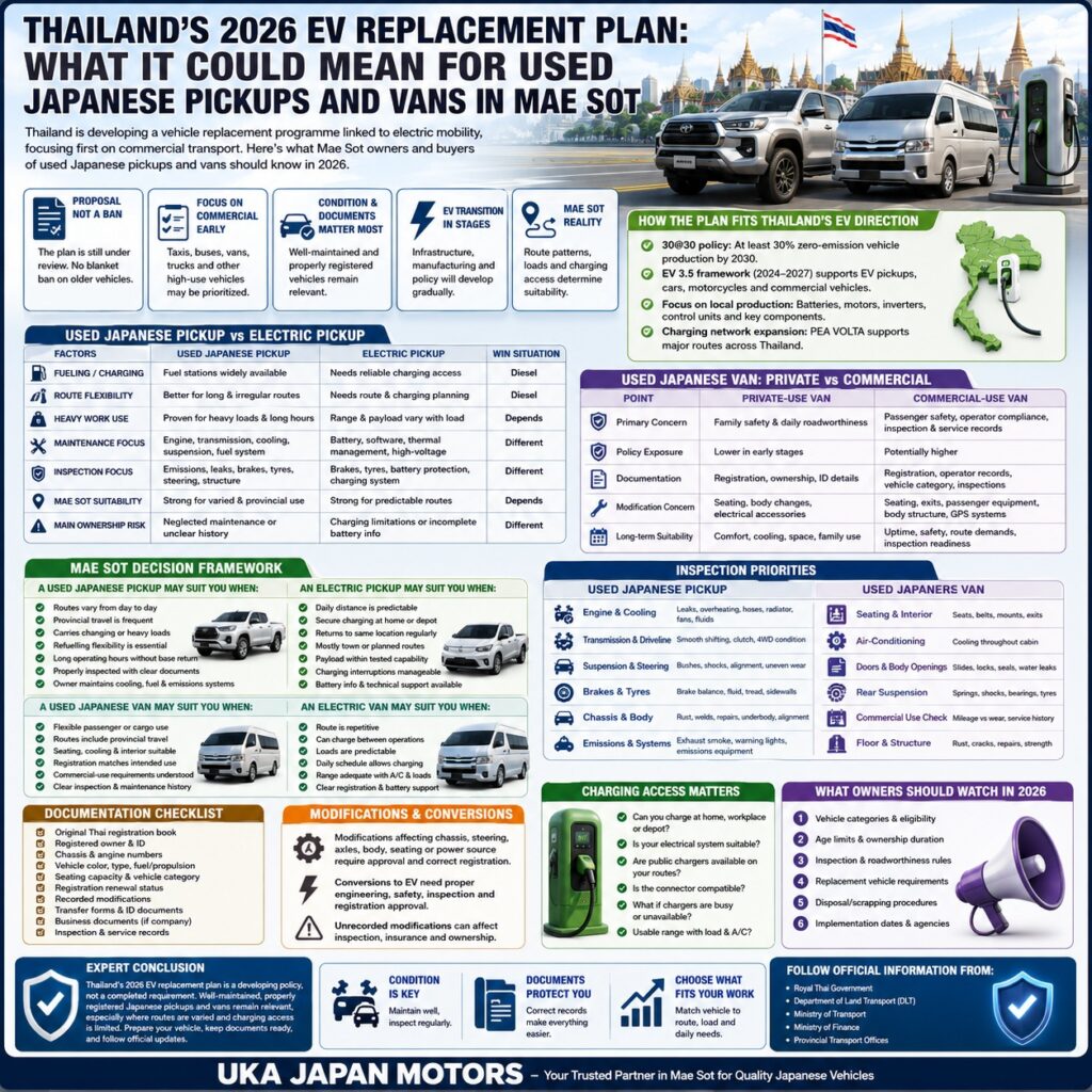 Thailand’s 2026 EV Replacement Plan: What It Could Mean for Used Japanese Pickups and Vans in Mae Sot
